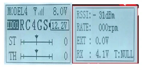 RC4GSのメイン画面とテレメトリー画面。RSSI、RATE、EXT、RXの値が表示されている。