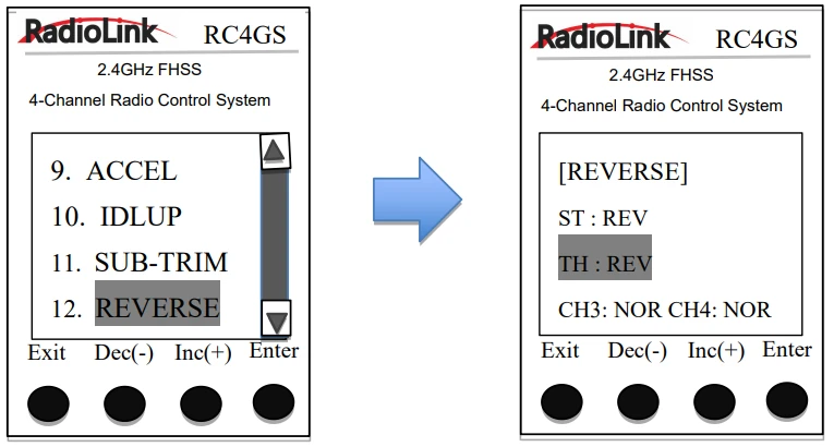 REVERSEの選択画面と設定画面。THのREVが選択されている。