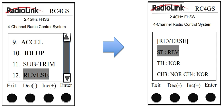 REVERSEの選択画面と設定画面。STのREVが選択されている。