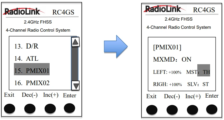 PMIX01の選択画面と設定画面。MXMDはON、MSTはTH、SLVはST、LEFTとRIGHは+100%。