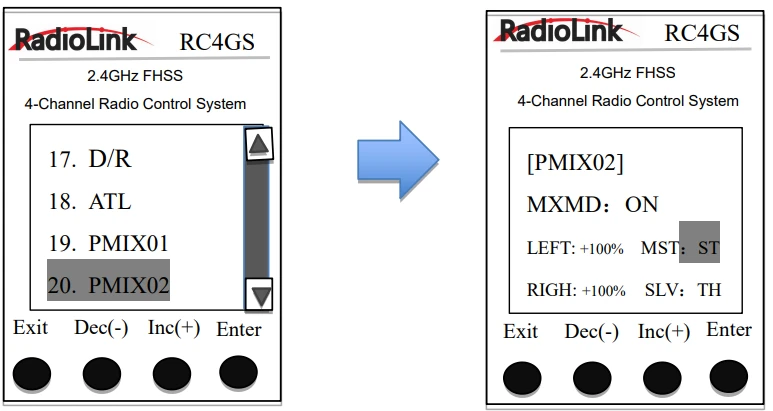 PMIX02の選択画面と設定画面。MXMDはON、MSTはST、SLVはTH、LEFTとRIGHは+100%。