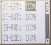 RC4GSのEPA画面。ST LFTの100が選択され、ST RGT、TH FWD、TH BRKも100。