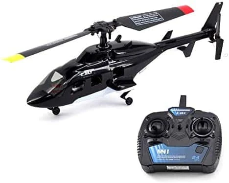 小型のRCヘリコプターと送信機の製品写真。