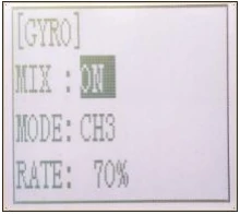 RC4GSのGYRO画面。MIXはON、MODEはCH3、RATEは70%。