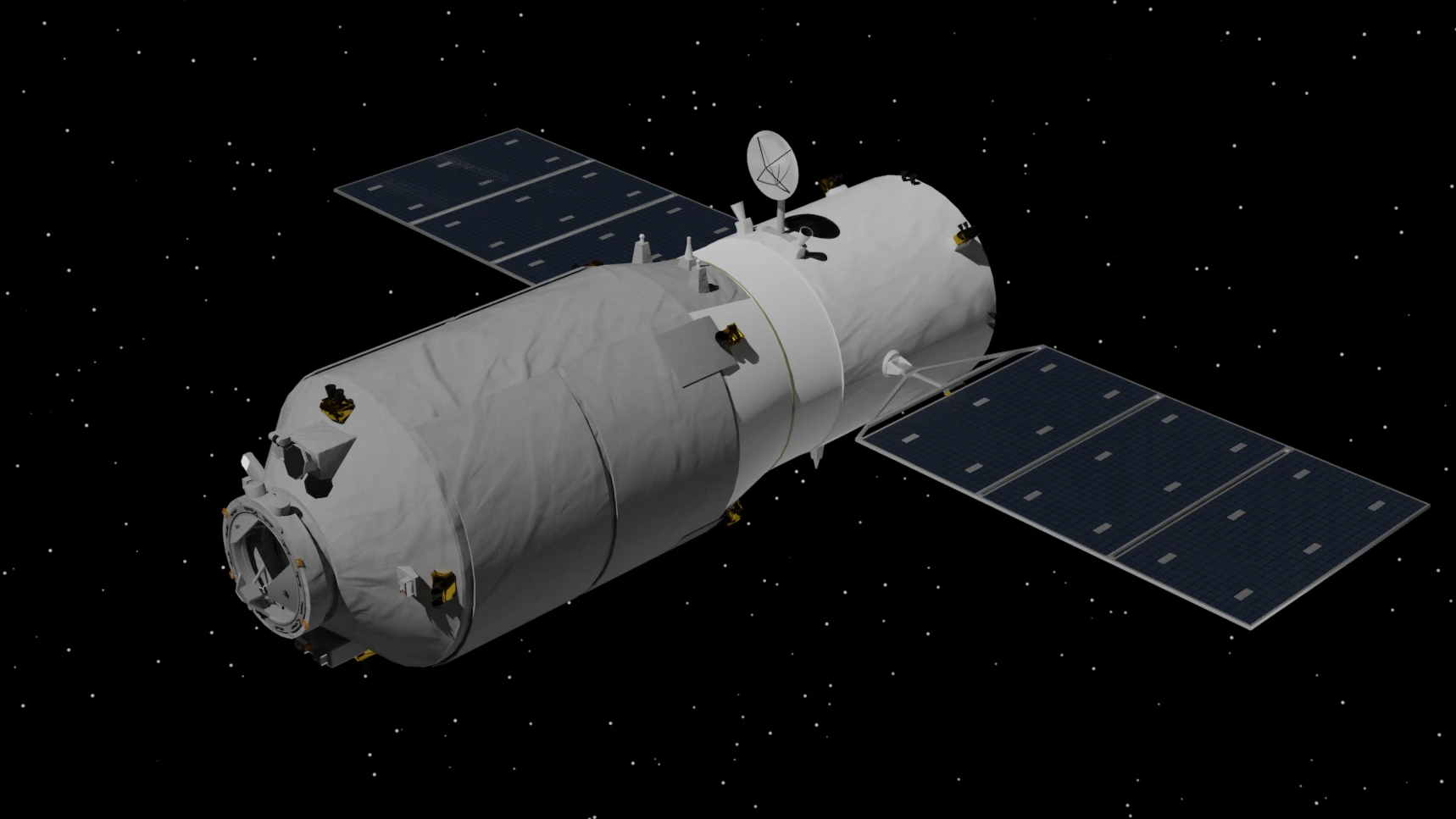 太陽電池パネルを広げた宇宙船のイメージ図。