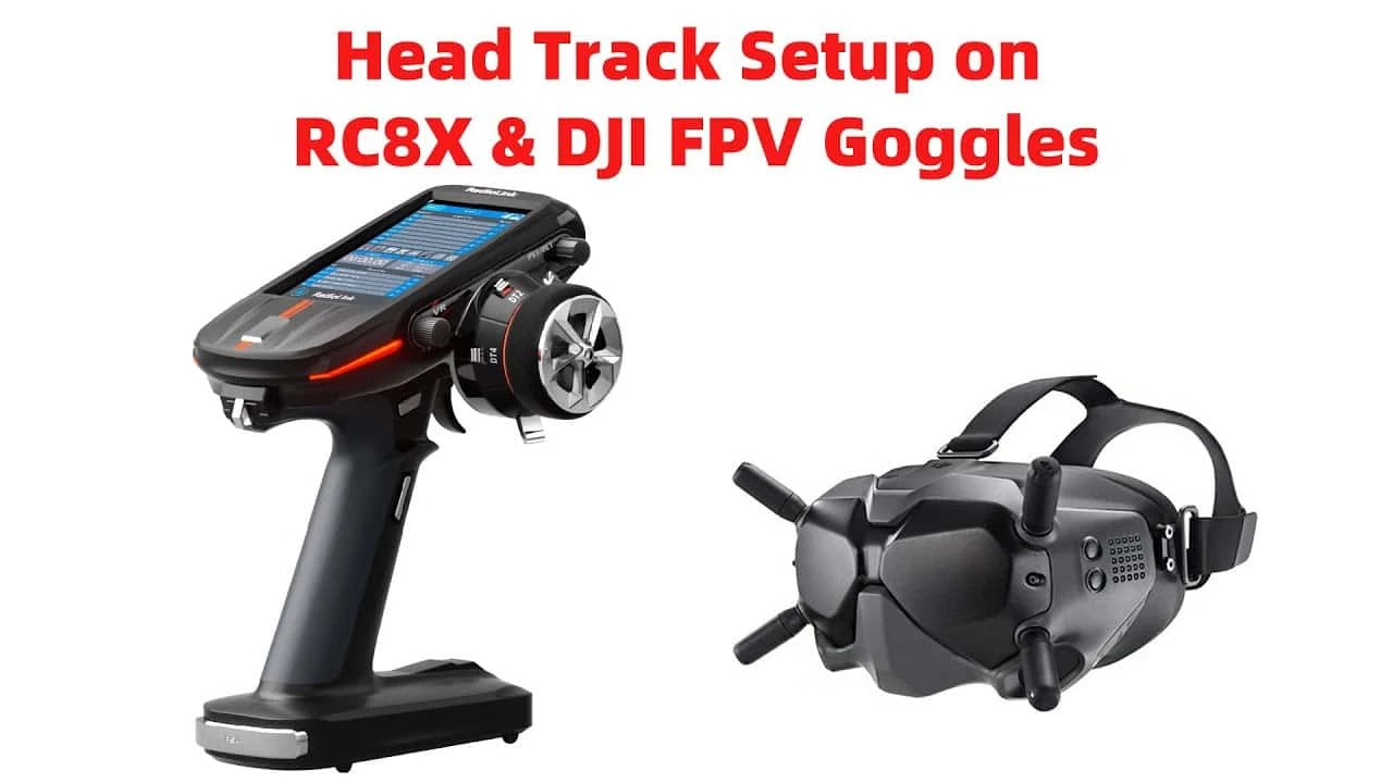 RC8X送信機とDJI FPVゴーグルのヘッドトラッキング設定を紹介する画像。