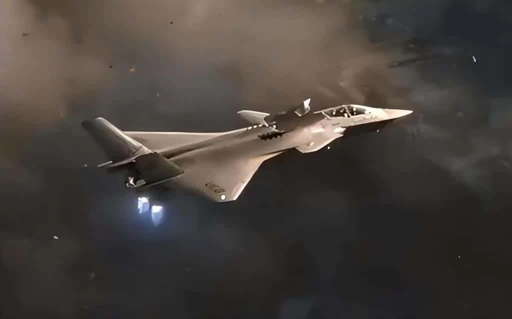 双発の戦闘機が飛行するイメージ図。