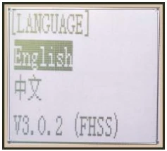 RC4GSのLANGUAGE画面。Englishと中文が並び、Englishが選択されている。V3.0.2(FHSS)と表示。
