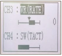RC4GSの予備チャンネル画面。CH3はVR(RATE)、CH4はSW(TACT)で、位置を示すバーが表示されている。