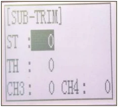 RC4GSのSUB-TRIM画面。ST、TH、CH3、CH4の設定値はすべて0。