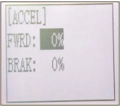RC4GSのACCEL画面。FWRDとBRAKはともに0%。