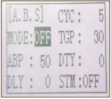 RC4GSのABS画面。MODEのOFFが選択されている。