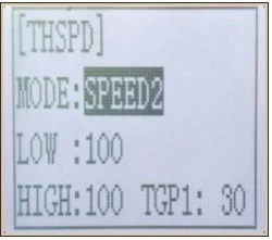 RC4GSのTHSPD画面。MODEはSPEED2、LOWとHIGHは100、TGP1は30。